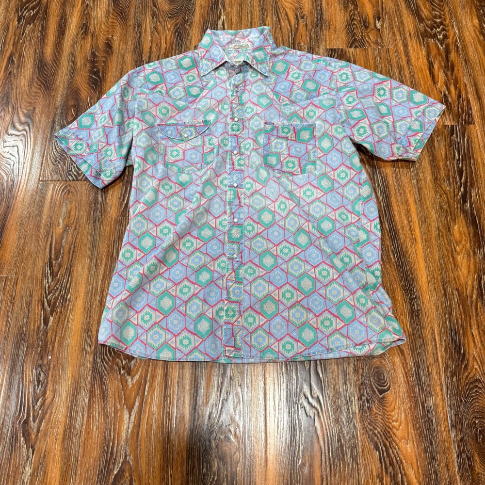 VTG Sheplers L Western Shirt Mens Blue Geometric Pearl Snap Short Sleeve WORN